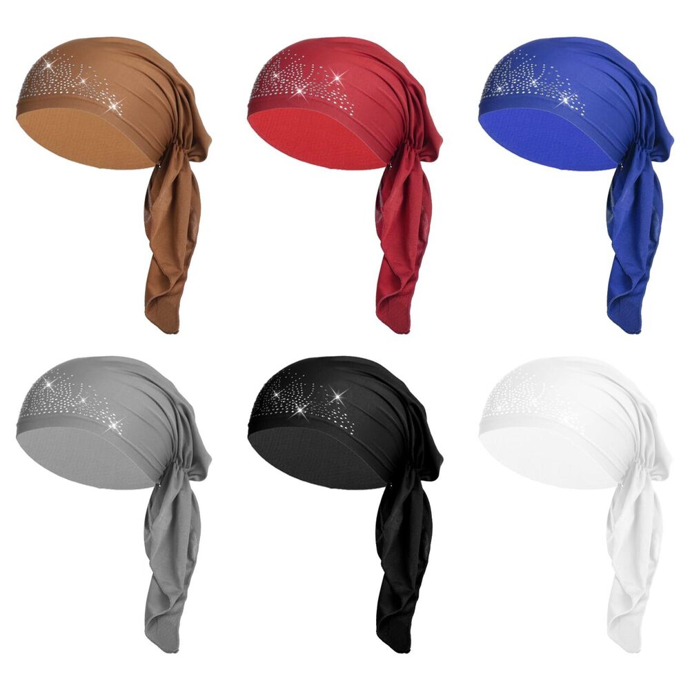 3977 6 Packs Rhinestone Head Scarf, Skull Turban Hair Cover, Pre Tied Durag